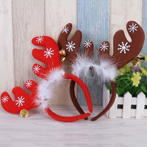 Christmas Reindeer Antler Headband With Golden Bells And Faux Feather Snowflake Pattern Hair Hoop For Holiday Party Decoration