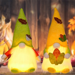 Nordic Harvest Festival Gnome Plush With Warm LED Lights Thanksgiving Fall Decorations Faceless Doll Tabletop Ornament Green Yellow