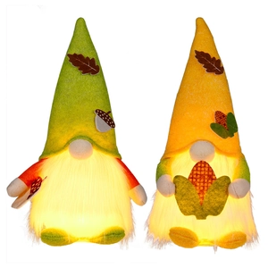 Pair of lighted fall gnomes with autumn leaves and acorns for Thanksgiving decor
