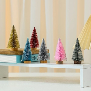 Miniature glitter cedar Christmas trees in various colors with wooden bases for table decor