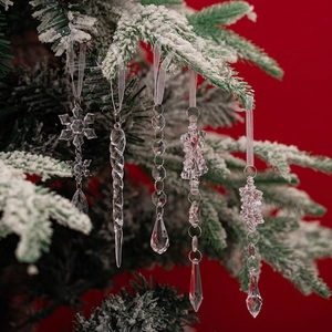 5-piece set of transparent acrylic Christmas icicle and snowflake ornaments on a tree branch