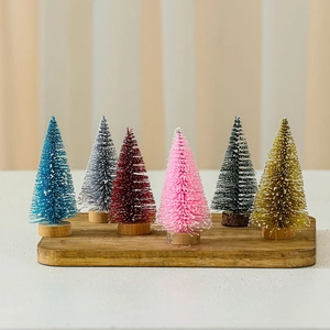 Set of 6 colorful 10cm mini cedar Christmas trees with glitter powder and wooden bases