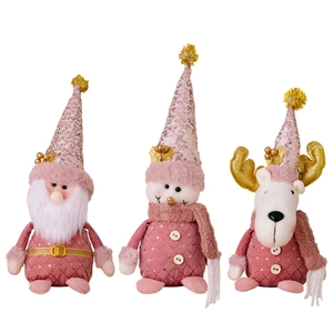 Pink and gold plush Christmas doll set featuring Santa, Snowman and Reindeer figurines