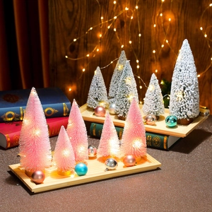 Mini lighted Christmas trees on wood base with warm LED lights and colorful ornaments