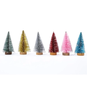 Set of 6 colorful 10cm mini cedar Christmas trees with glitter powder and wood bases