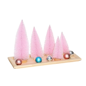 Pink sisal Christmas tree set on wooden base with festive decorative ornaments