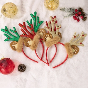 Serre-tête de Bois de Renne de Noël avec Paillettes Brillantes et Oreilles en Peluche pour Fête de Noël Déguisement