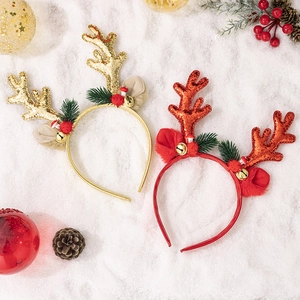 Christmas Sequin Reindeer Antler Headband With Bells Pine Needles Mushroom Decor For Holiday Party Hair Accessories Headpiece