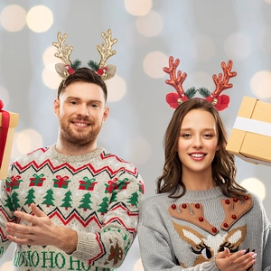 Christmas reindeer antler headband with sequins and bells for festive party decoration