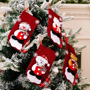 Set of 4 Christmas stockings with 3D Santa and Reindeer on rustic red burlap