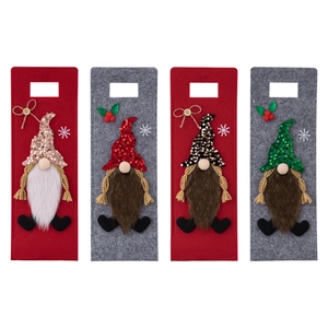Set di 4 copribottiglie di vino gnomi di Natale con cappelli di paillettes e decorazioni