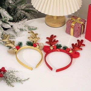Christmas reindeer antler headbands with gold and red sequins, bells and green pine needles
