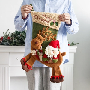 Large green Christmas stocking with 3D Santa and Reindeer dolls and Merry Christmas embroidery