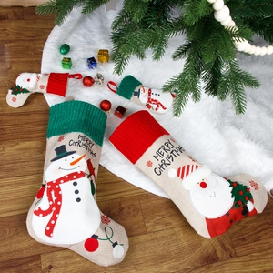 Embroidered burlap Christmas stockings set featuring Santa and Snowman for holiday decor
