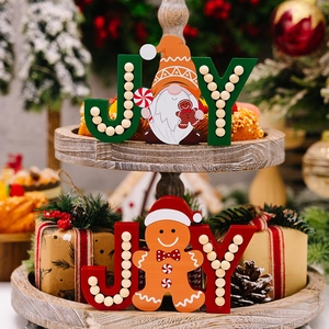 Christmas Wooden JOY Letter Sign Gingerbread Man Gnome Table Ornaments With Wood Beads For Holiday Home Party Desktop Decor