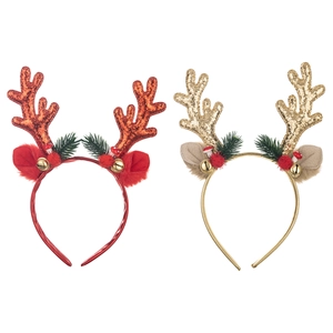Christmas reindeer antler headbands with sequins bells and pine needles in red and gold