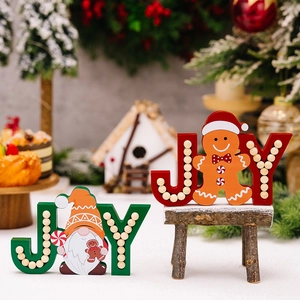 Set of two wooden JOY Christmas signs with gingerbread man and gnome holiday table decor
