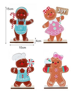 Detailed view of 15cm Christmas gingerbread man wooden desk ornaments in four festive designs