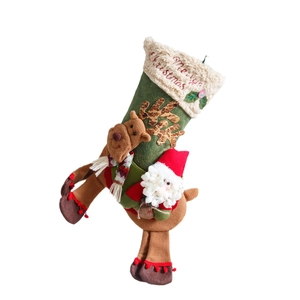 Green Christmas stocking with 3D Reindeer and Santa Claus figures with Merry Christmas embroidery