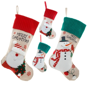 Set of 4 Christmas stockings with Santa and Snowman embroidery on burlap fabric