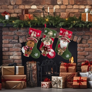 Three-piece Christmas stockings set with 3D reindeer snowman and Santa by the fireplace