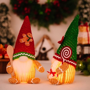 Glow Gingerbread Man Christmas Gnomes set with red and green hats for holiday decor