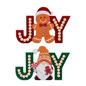 Set of 2 wooden JOY Christmas tabletop signs with gingerbread man and gnome characters