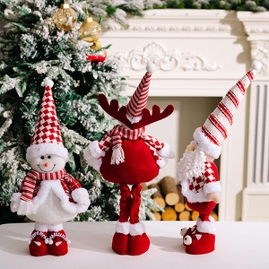 Standing Christmas plush gnome set with Santa, elk and snowman on holiday mantel background