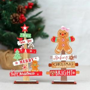 Christmas Wooden Desktop Ornaments Cartoon Gingerbread Man Tree Multi-layer Printed Festive Table Decoration For Home Office