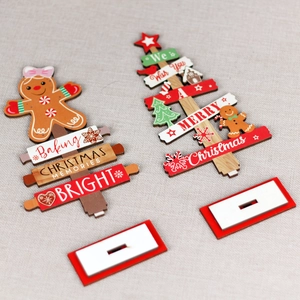 Wooden Christmas tree and gingerbread man tabletop decoration set with red bases
