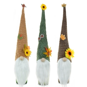 Drie herfstkabouter wijnfleshoezen met zonnebloemen en decoratieve pompoenaccenten