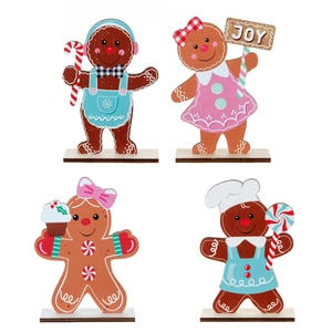 Set of 4 festive wooden gingerbread man tabletop ornaments with colorful painted details