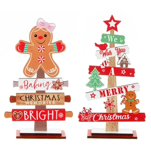 Two-piece wooden Christmas tabletop ornaments featuring Gingerbread and festive tree motifs