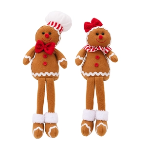 Pair of Christmas gingerbread man plush dolls with long hanging legs for festive home decor