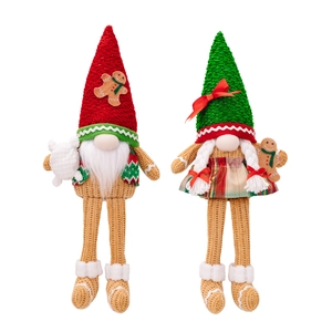 Set of two plush Christmas gnomes with LED lights, gingerbread man theme, red and green hats