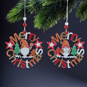 Wooden Christmas gnome and gingerbread man hanging ornament with Merry Christmas text