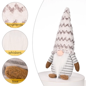 Grey Christmas gnome plush ornament with long white beard and herringbone patterned hat