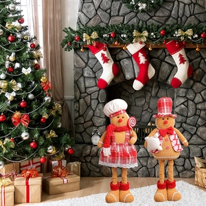 Standing Christmas gingerbread couple plush dolls with chef hats and plaid outfits