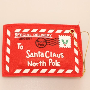 Red felt Christmas envelope ornament with golden hanging rope and festive embroidery