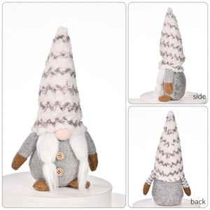 Standing grey knitted Christmas gnome plush with white hat, side and back view display