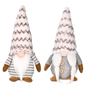 Pair of Christmas faceless gnomes with striped hats and white beards on white background