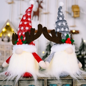 Lighted Christmas Gnomes with antlers and plush fabric in red and gray holiday colors