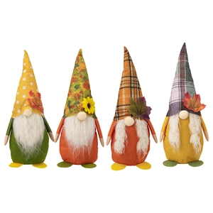 Set of four Thanksgiving fall gnomes with autumn leaves and sunflower decorations