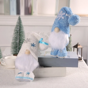 Gnomes de Noël en peluche avec motifs de flocons de neige et barbes blanches en bleu et blanc