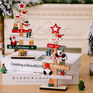 Décoration de Noël en bois avec figurines de Père Noël, bonhomme de neige et gnome