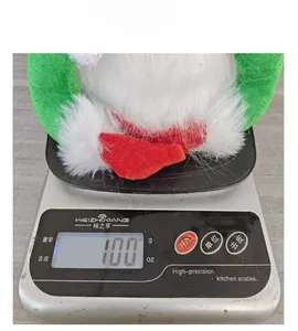 Weight measurement of a light-up Christmas elf doll on a digital scale showing 100 grams