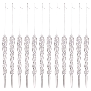 Set of 12 clear acrylic twisted icicle ornaments with hanging strings for Christmas tree decor
