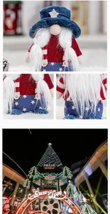 Detailed view of patriotic gnome plush with American flag colors and knitted hat