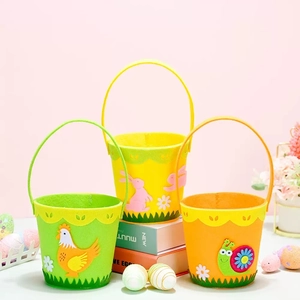 Easter Felt Gift Basket Round Handheld Bucket Cartoon Rabbit Hen Snail Pattern Party Egg Hunt Bag Festive Decoration