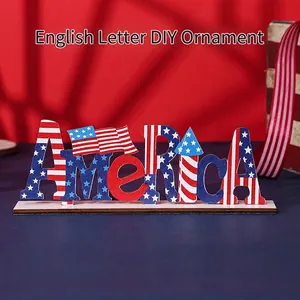 Independence Day America wooden letter ornaments with flag stars and stripes on stand